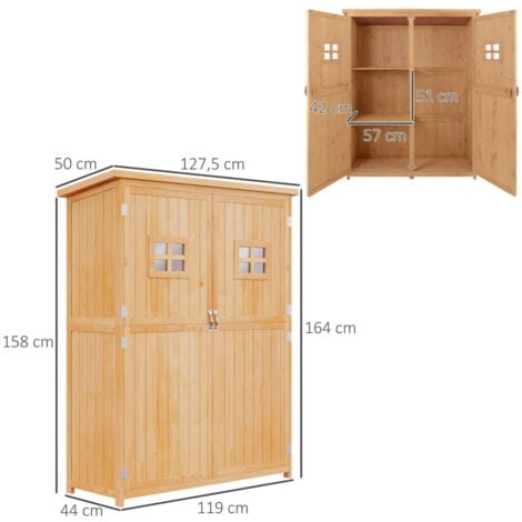 Abri de jardin armoire de jardin remise pour outils sur pied dim. 128L x 50l x 164H cm 2 étagères 2 portes 2 fenêtres toit bitumé étanche bois massif sapin pré-huilé