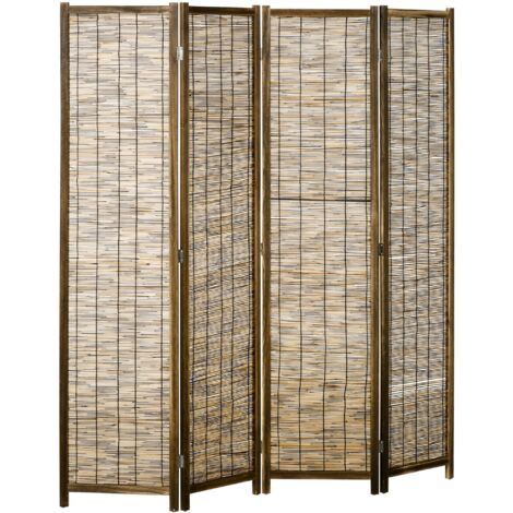 Homcom – Paravent intérieur 4 panneaux pliables en bois de paulownia et roseau – Dimensions 160L x 170H cm – Séparateur de pièce autoportant (1/5)