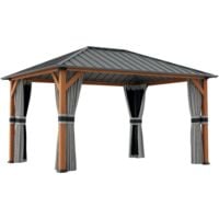 Pavillon de jardin structure alu aspect bois toit rigide métal galvanisé rideaux moustiquaires