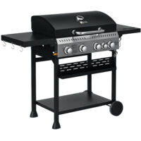 Outsunny – Barbecue à gaz propane 12,5 kW avec 5 brûleurs – Grille chauffante et thermomètre – Roulettes et étagères – Noir