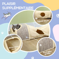 Tunnel Pour Chat PawHut Avec 2 Niches En Sisal - 107 X 38 X 29 Cm, Beige, Pour Chat < 6 Kg