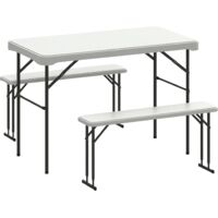 Ensemble table 2 bancs pliables avec poignées - usage pique-nique camping - métal époxy HDPE gris clair