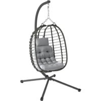 Fauteuil suspendu pliable en résine tressée avec support et épais coussin grand confort gris