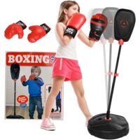 Aiyaplay – Punching ball enfant réglable – Sac de frappe sur pied avec base lestée – 2 gants inclus – Couleur rouge noir