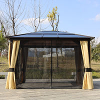 Pavillon de jardin tonnelle rigide dim. 3,6L x 3l x 2,65H m 4 parois latérales anti-UV beige 4 moustiquaires zippées éclairage LED solaire alu polycarbonate noir marron