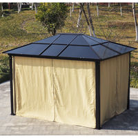 Pavillon de jardin tonnelle rigide dim. 3,6L x 3l x 2,65H m 4 parois latérales anti-UV beige 4 moustiquaires zippées éclairage LED solaire alu polycarbonate noir marron