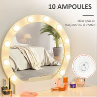 Coiffeuse miroir LED design contemporain table de maquillage 2 tiroirs tabouret inclus MDF pin blanc