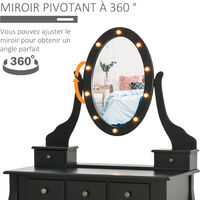 Coiffeuse miroir ovale LED pivotant tabouret style baroque 5 tiroirs noir