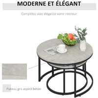 Lot de 2 tables basses rondes gigogne empilables plateau MDF gris et pieds en métal noir