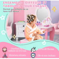 Coiffeuse enfant design licorne - tabouret inclus - dim. 49L x 34l x 90H cm - tiroir, miroir - MDF - rose blanc
