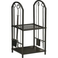 Serviteur de cheminée - porte bûches - range bûches multi-accessoires 2 étagères métal noir