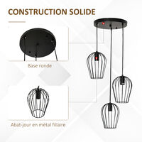 HOMCOM Lustre suspension style industriel 3 lampes 40 W 230 V hauteur réglable dim. 38L x 38l x 145H cm métal filaire noir