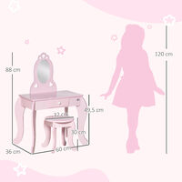 Coiffeuse enfant design girly avec motifs à coeur - tabouret inclus - dim. 60L x 36l x 88H cm - tiroir, miroir - MDF - rose