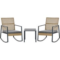 Outsunny Ensemble de jardin 3 pièces style colonial 2 fauteuils à bascule avec coussins assise gris table basse métal époxy résine tressée beige