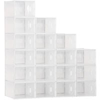 Lot de 18 boites cubes rangement à chaussures modulable avec portes transparentes - dim. 25L x 35l x 19H cm - PP blanc transparent
