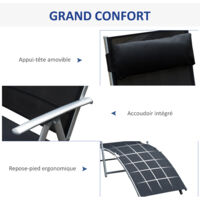 Transat Pliable Outsunny - Chaise Longue Avec Matelas - 7 Positions D'inclinaison - Gris Textilène