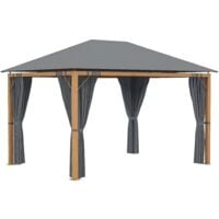 Pavillon de jardin style contemporain - barnum avec rideaux - dim. 3,97L x 2,97l x 2,8H m - alu. aspect bois polyester gris