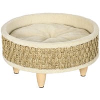 Canapé panier lit chien chat style cosy naturel - coussin inclus - dim. Ø 48 x 24,5H cm - bois pin jonc de mer