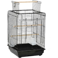 Pawhut – Cage à oiseaux en métal noir 40x40x59cm – 2 perchoirs en bois – 2 mangeoires – Plateau amovible – Poignée de transport