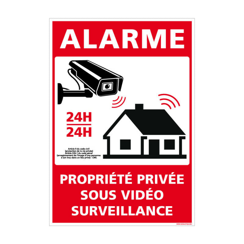 Panneau Alarme - Propriété Privée sous Vidéo Surveillance 24h/24 avec Loi.  G1651. Sticker alarme, panneaux PVC, alu - Adhésif - 75 x 105 mm