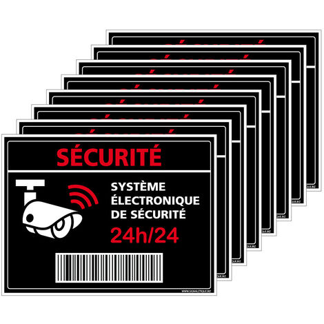 Autocollants Alarme Lot de 8 stickers Alarme Sécurité Protection Vidéosurveillance 8 x 6 cm résistants UV et pluie. Sécurité 24h/24h . code barre . noir .  - Sécurité 24h/24h - code barre - noir
