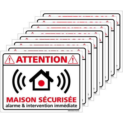 Autocollants Alarme Lot de 8 stickers Alarme Sécurité Protection Vidéosurveillance 8 x 6 cm résistants UV et pluie. Attention maison sécurisée . - Attention maison sécurisée