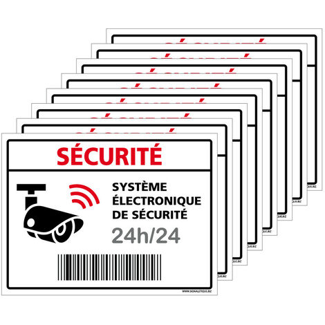 Autocollants Alarme Lot de 8 stickers Alarme Sécurité Protection Vidéosurveillance 8 x 6 cm résistants UV et pluie. Sécurité 24h/24h . code barre . blanc . - Sécurité 24h/24h - code barre - blanc