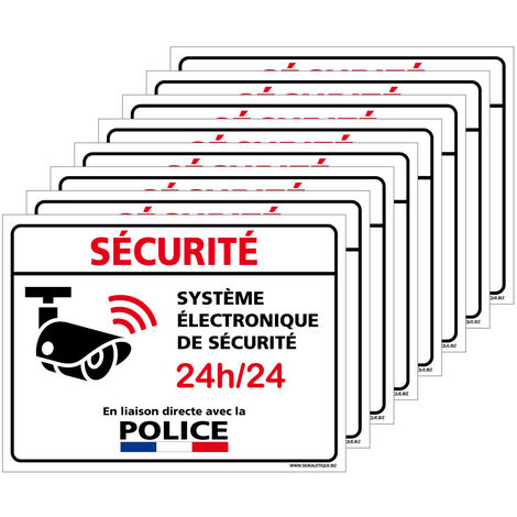 Autocollants Alarme Lot de 8 stickers Alarme Sécurité Protection Vidéosurveillance 8 x 6 cm résistants UV et pluie. Système électronique police . blanc .  - Système électronique police - blanc