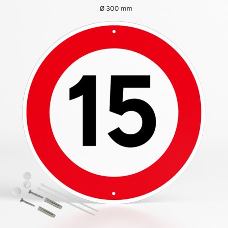 Limitation de vitesse 15km/h panneau de signalisation rond en aluminium prépercé avec kit de fixation complet - Diamètre 300 mm