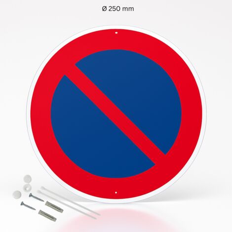 Stationnement interdit picto panneau de signalisation rond en pvc rigide prépercé avec kit de fixation complet - Diamètre 250 mm