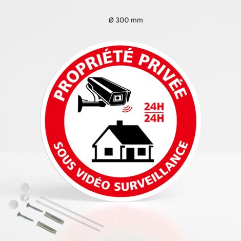 Propriété privée sous video surveillance 24h/24 panneau de signalisation rond en pvc rigide prépercé avec kit de fixation complet - Diamètre 300 mm
