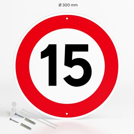 Limitation de vitesse 15km/h panneau de signalisation rond en pvc rigide prépercé avec kit de fixation complet - Diamètre 300 mm