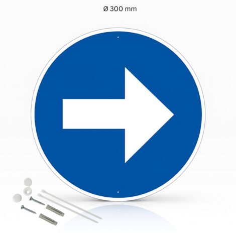 Flèche à droite panneau de signalisation rond en aluminium prépercé avec kit de fixation complet - Diamètre 300 mm (1/5)