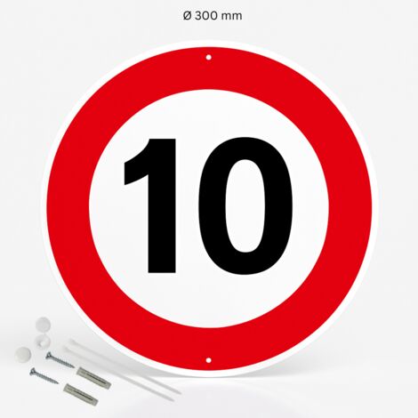 Limitation de vitesse 10km/h panneau de signalisation rond en pvc rigide prépercé avec kit de fixation complet - Diamètre 300 mm