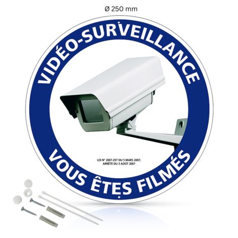 Vidéo surveillance vous êtes filmés panneau de signalisation rond en pvc rigide prépercé avec kit de fixation complet - Diamètre 250 mm