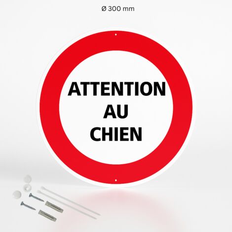 Attention au chien panneau de signalisation rond en aluminium prépercé avec kit de fixation complet - Diamètre 300 mm