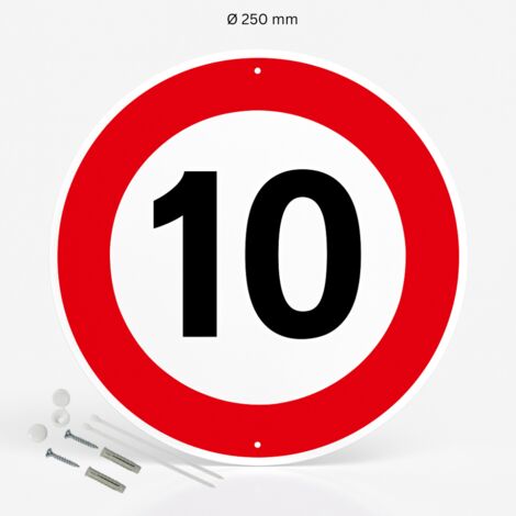 Limitation de vitesse 10km/h panneau de signalisation rond en pvc rigide prépercé avec kit de fixation complet - Diamètre 250 mm