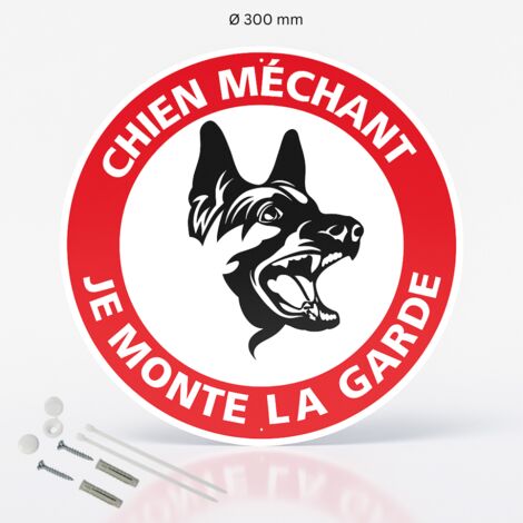 Chien méchant je monte la garde panneau de signalisation rond en pvc rigide prépercé avec kit de fixation complet - Diamètre 300 mm