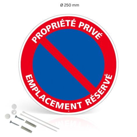 Propriété privée emplacement réservé panneau de signalisation rond en aluminium prépercé avec kit de fixation complet - Diamètre 250 mm