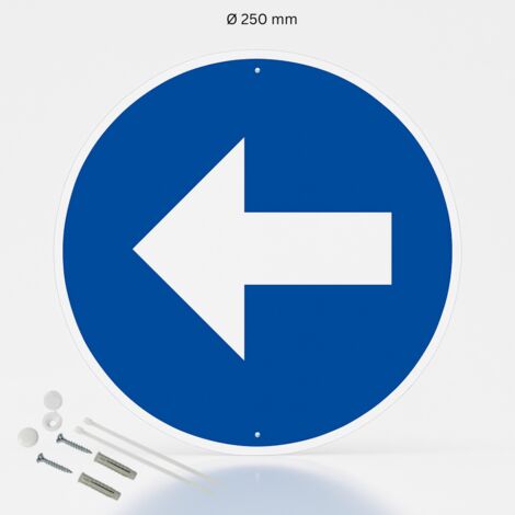 Flèche à gauche panneau de signalisation rond en aluminium prépercé avec kit de fixation complet - Diamètre 250 mm
