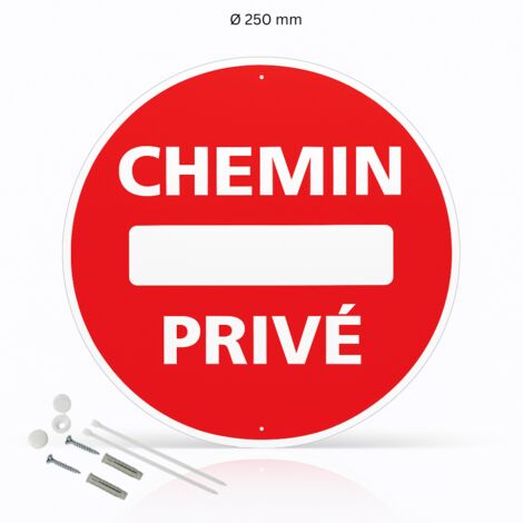 Chemin privé panneau de signalisation rond en pvc rigide prépercé avec kit de fixation complet - Diamètre 250 mm