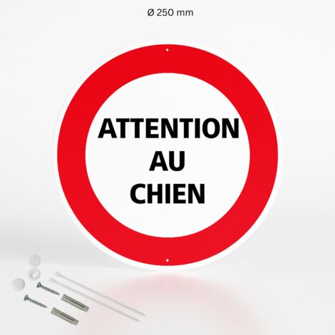 Attention au chien panneau de signalisation rond en aluminium prépercé avec kit de fixation complet - Diamètre 250 mm