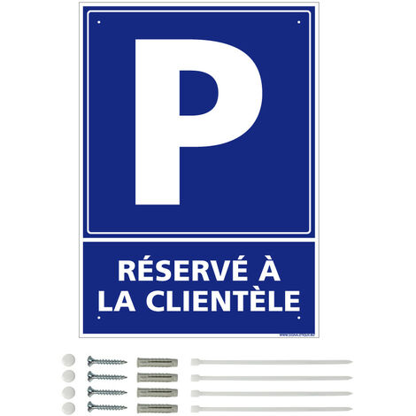 Panneau de signalisation prépercé PVC ou ALU rectangulaire + kit de fixation - Parking réservé à la clientèle - PVC 1 mm - 150 x 210 mm