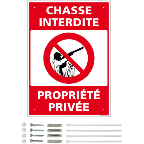 Panneau de signalisation prépercé PVC ou ALU rectangulaire + kit de fixation - Chasse interdite, propriété privée - PVC 1 mm - 300 x 420 mm