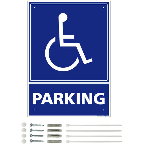 Panneau de signalisation prépercé PVC ou ALU rectangulaire + kit de fixation - Parking réservé aux handicapés - ALU 2 mm - 210 x 300 mm
