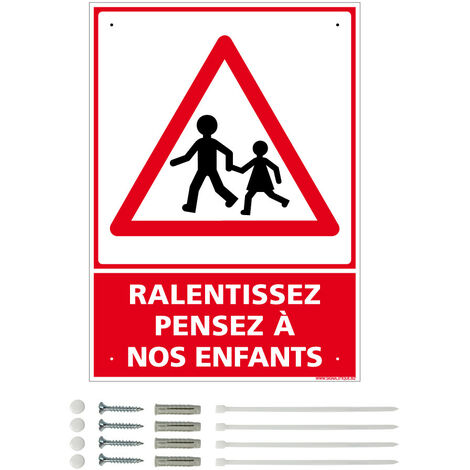 Panneau de signalisation prépercé PVC ou ALU rectangulaire + kit de fixation - Ralentissez, pensez à nos enfants - ALU 2 mm - 300 x 420 mm
