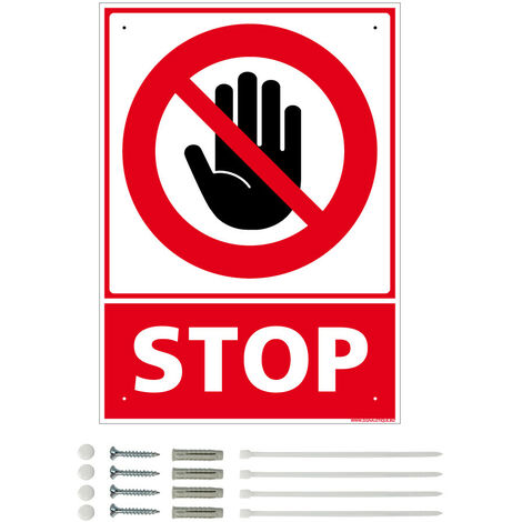 Panneau de signalisation prépercé PVC ou ALU rectangulaire + kit de fixation - Main stop - PVC 1 mm - 210 x 300 mm (1/5)