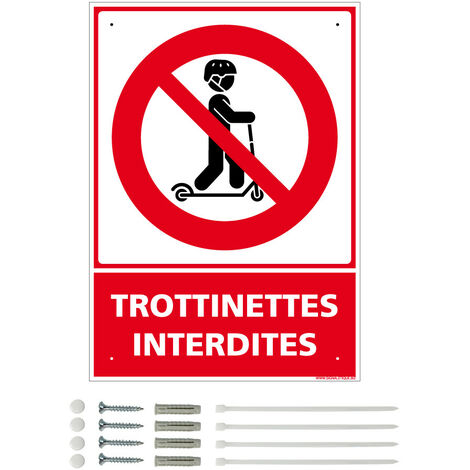 Panneau de signalisation prépercé PVC ou ALU rectangulaire + kit de fixation - Trottinettes interdites - ALU 2 mm - 300 x 420 mm