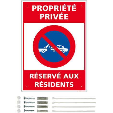Panneau de signalisation prépercé PVC ou ALU rectangulaire + kit de fixation - Propriété privée, réservé aux résidents - ALU 2 mm - 210 x 300 mm