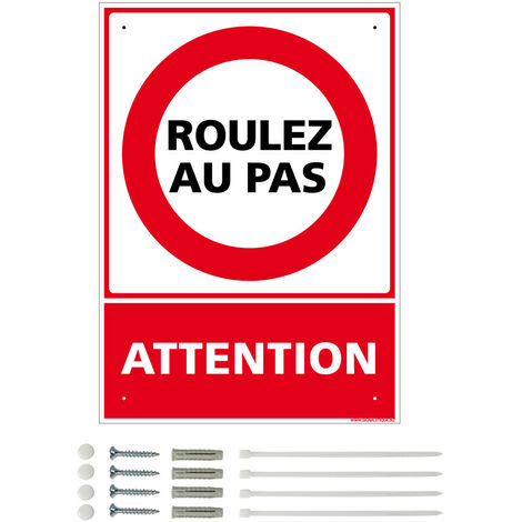 Panneau de signalisation prépercé PVC ou ALU rectangulaire + kit de fixation - Attention, Roulez au pas - PVC 1 mm - 210 x 300 mm